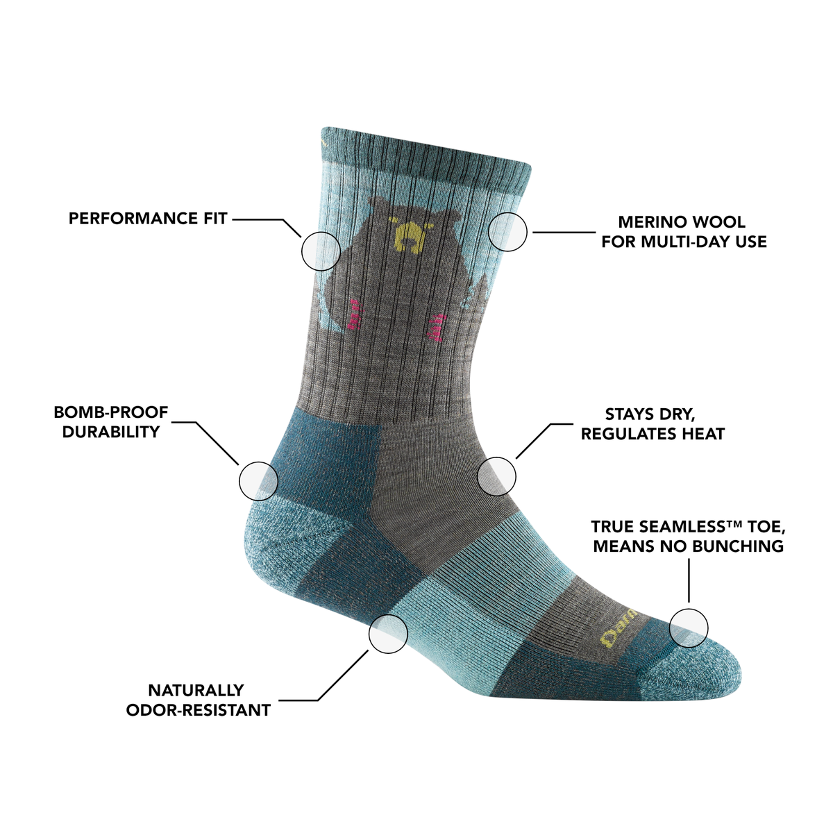 Darn Tough Bear Town Micro Crew Lightweight planinarske čarape s amortizacijom, Quartz