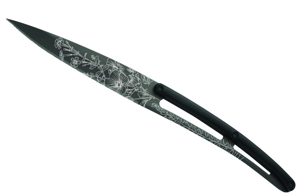 Deejo set 6 steakovih noževa nazubljena oštrica, crni titanij oštrica, crna ABS ručka, design Blossom