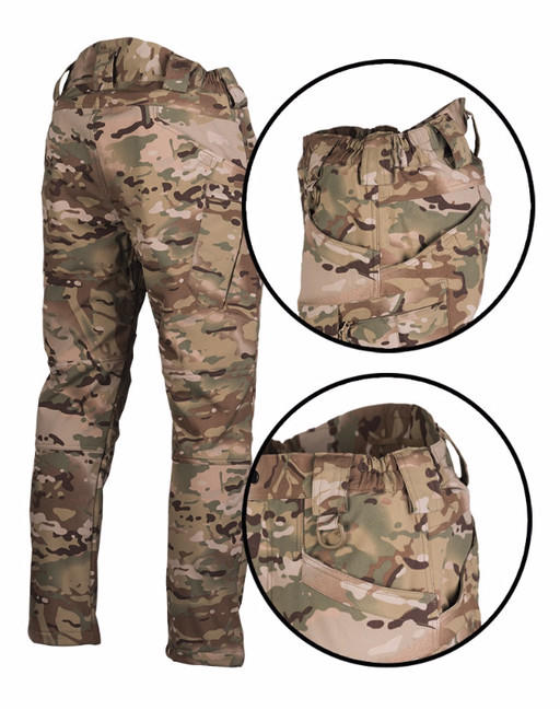 Mil-Tec Assault podstavljene softshell hlače, Multitarn