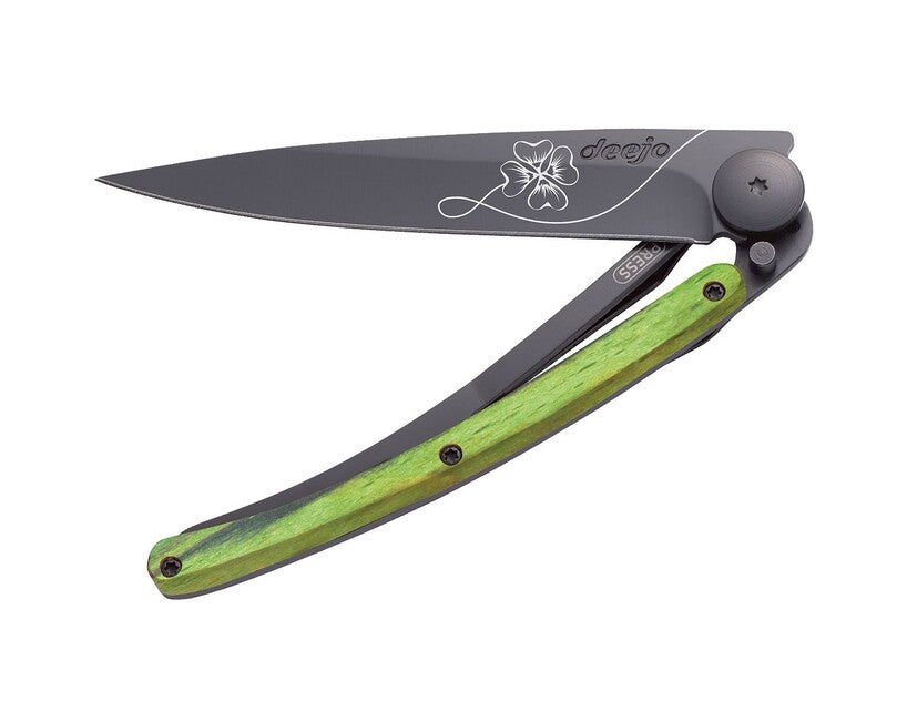 Deejo Tattoo sklopivi nož Black green beech, Lucky Charm