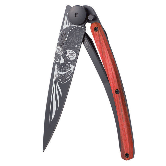 Deejo Latino sklopivi nož Black tattoo biker red beech lubanja