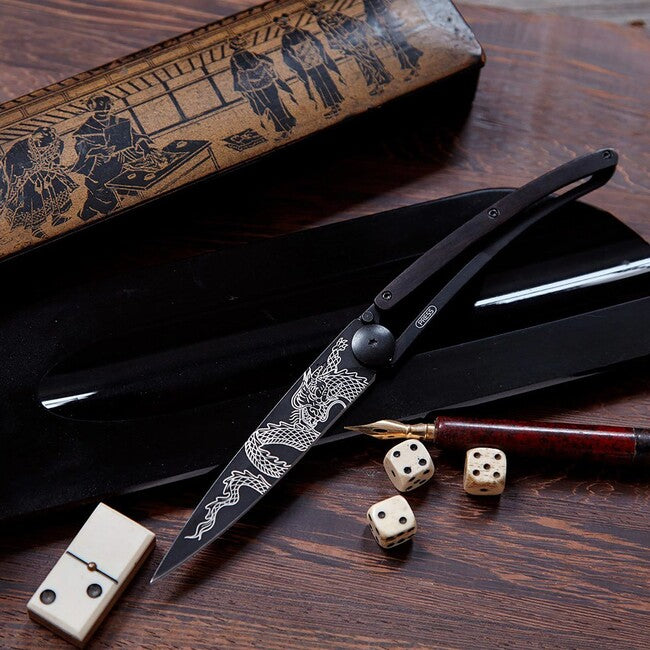 Deejo Black tattoo sklopivi nož ebony wood Japanese Dragon