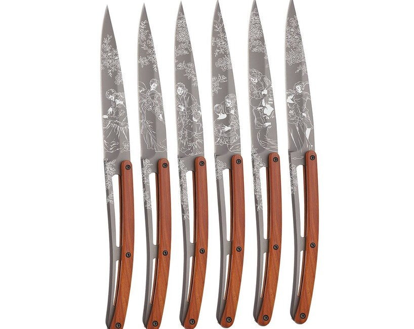 Deejo Tattoo set steakovih noževa Toile de Jouy, svjetlo siva površina, coralwood