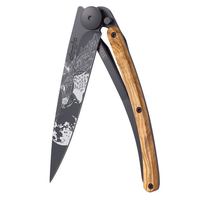 Deejo Black tattoo sklopivi nož howling olive wood