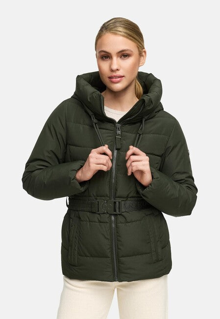 Marikoo HIMEE 16 zimska jakna ženska s visokim ovratnikom i remenom, dark olive