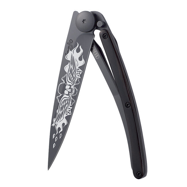 Deejo Tattoo sklopivi nož Biker Angels, crni ebony wood