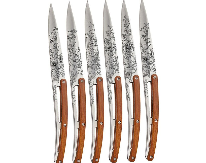 Deejo Tattoo set 6 noževa za odreske Blossom sjajne površine coralwood design