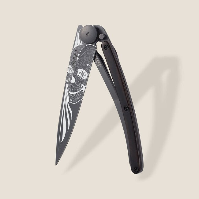 Deejo Latino Skull sklopivi nož Black tattoo biker ebony wood