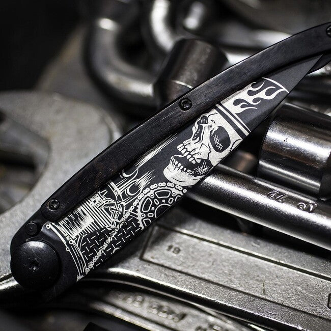 Deejo Black Tattoo sklopivi nož biker ebony wood Ride or Die