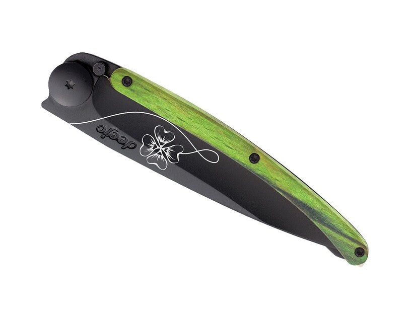 Deejo Tattoo sklopivi nož Black green beech, Lucky Charm