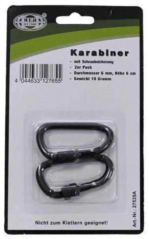 MFH karabiner s osiguračem, crni, 60x6mm, 2 kom