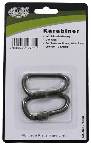 MFH karabiner s osiguračem, maslinasto zeleni, 60x6mm, 2 kom