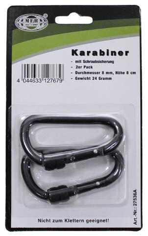 MFH karabiner s osiguračem, crni, 80x8mm, 2 kom