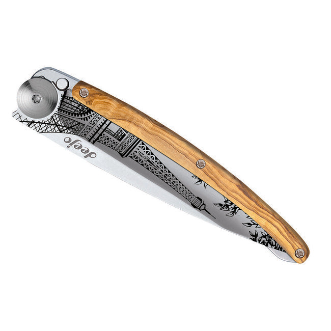 Deejo Tattoo sklopivi nož Mirror olive wood, Eiffel Tower