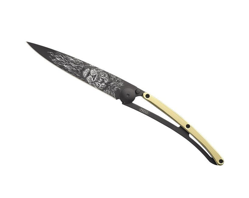 Deejo GOLD Tattoo sklopivi nož 23kt yellow, Lion