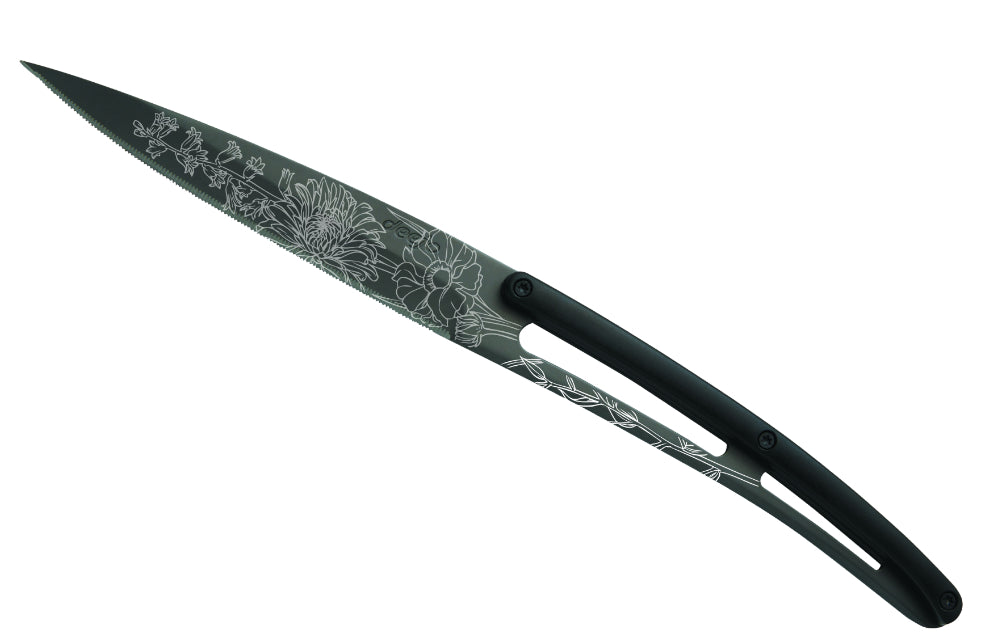Deejo set 6 steakovih noževa nazubljena oštrica, crni titanij oštrica, crna ABS ručka, design Blossom