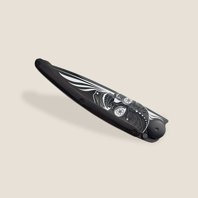 Deejo Latino Skull sklopivi nož Black tattoo biker ebony wood