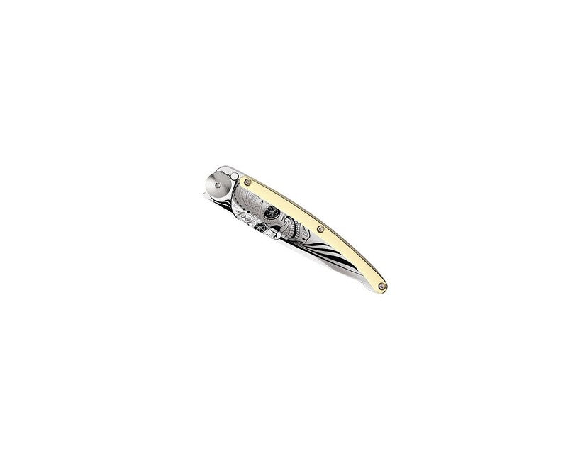 Deejo GOLD Tattoo sklopivi nož Latino Skull, yellow gold