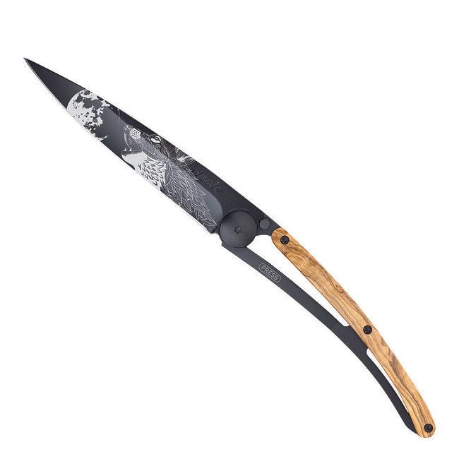 Deejo Black tattoo sklopivi nož howling olive wood