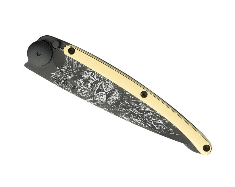 Deejo GOLD Tattoo sklopivi nož 23kt yellow, Lion