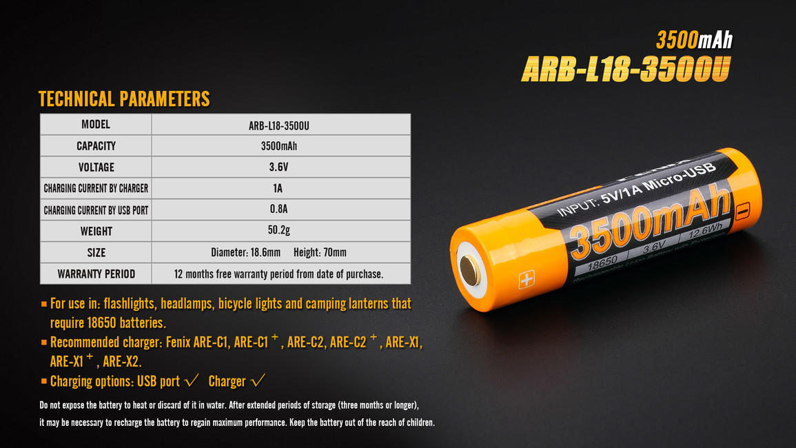Fenix baterija za punjenje USB 18650 li-ion 3500 mAh