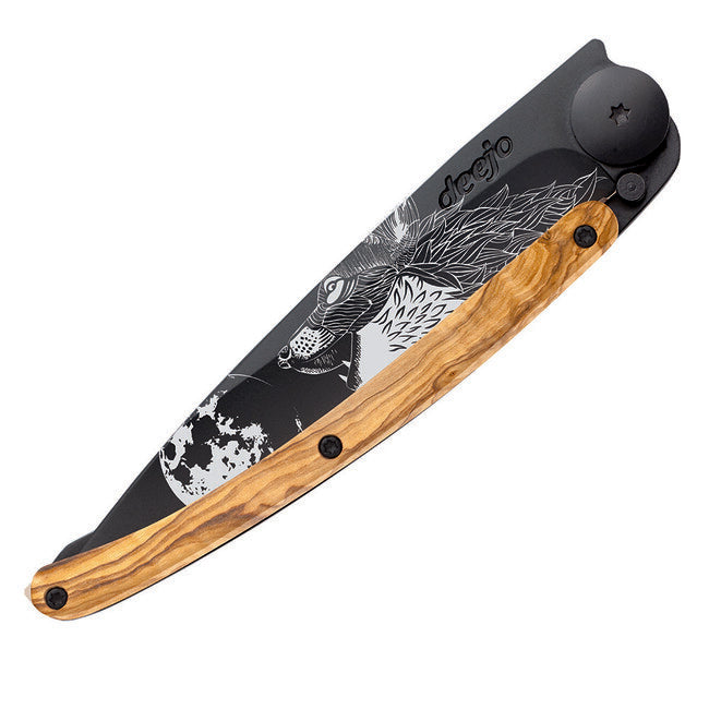 Deejo Black tattoo sklopivi nož howling olive wood