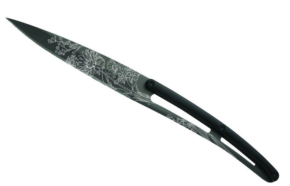Deejo set 6 steakovih noževa nazubljena oštrica, crni titanij oštrica, crna ABS ručka, design Blossom