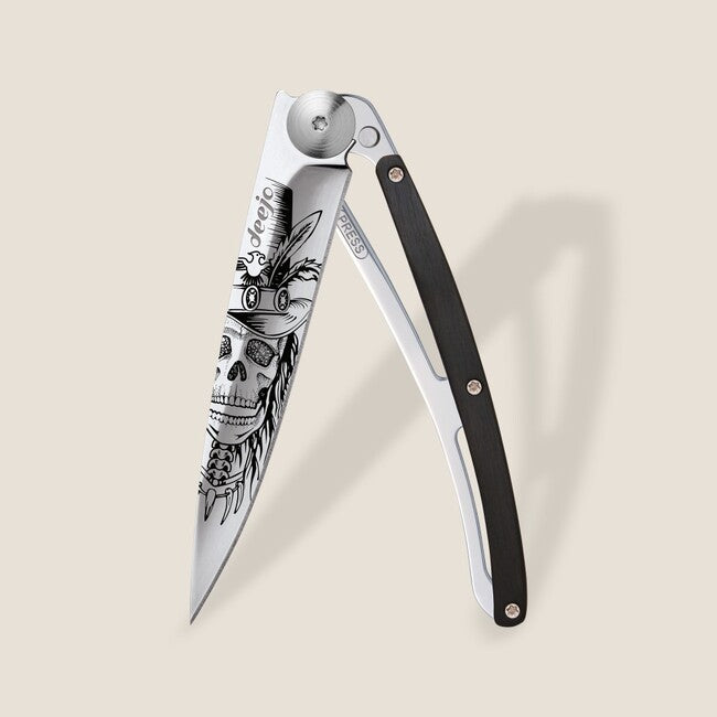 Deejo Tattoo Mirror sklopivi nož ebony wood Dandy Skull