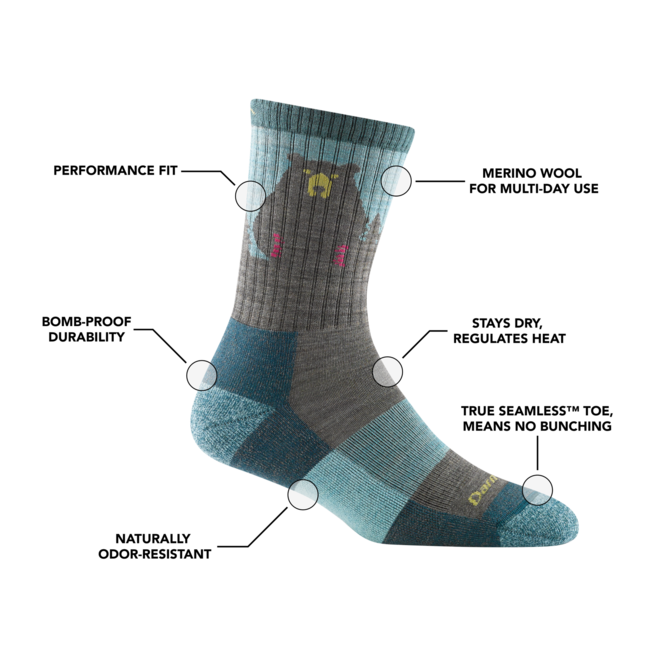 Darn Tough Bear Town Micro Crew Lightweight planinarske čarape s amortizacijom, Aqua