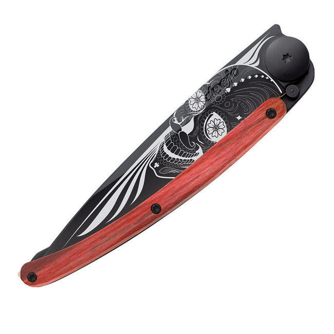Deejo Latino sklopivi nož Black tattoo biker red beech lubanja
