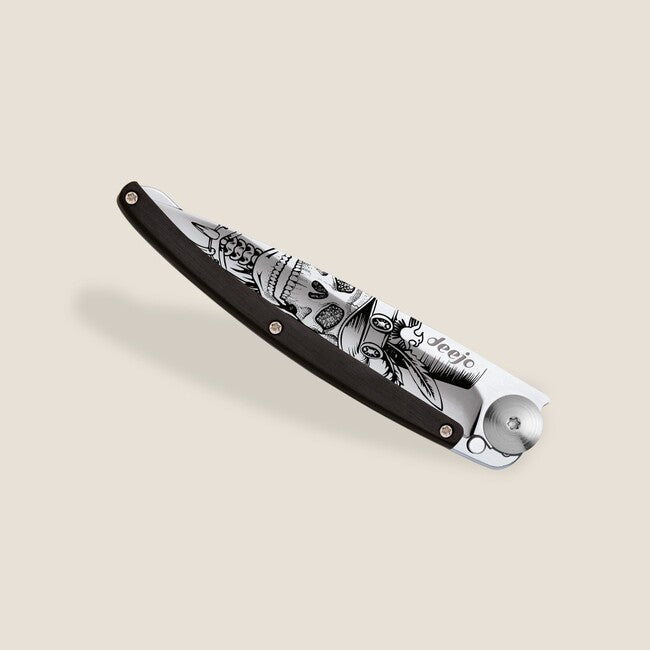 Deejo Tattoo Mirror sklopivi nož ebony wood Dandy Skull