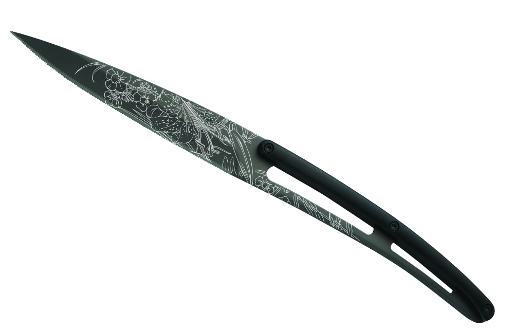 Deejo set 6 steakovih noževa nazubljena oštrica, crni titanij oštrica, crna ABS ručka, design Blossom