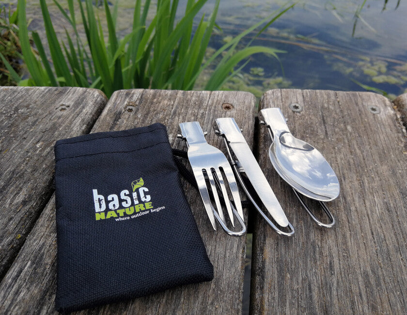 BasicNature MiniTrek sklopivi set pribora od nehrđajućeg čelika s najlonskom torbicom
