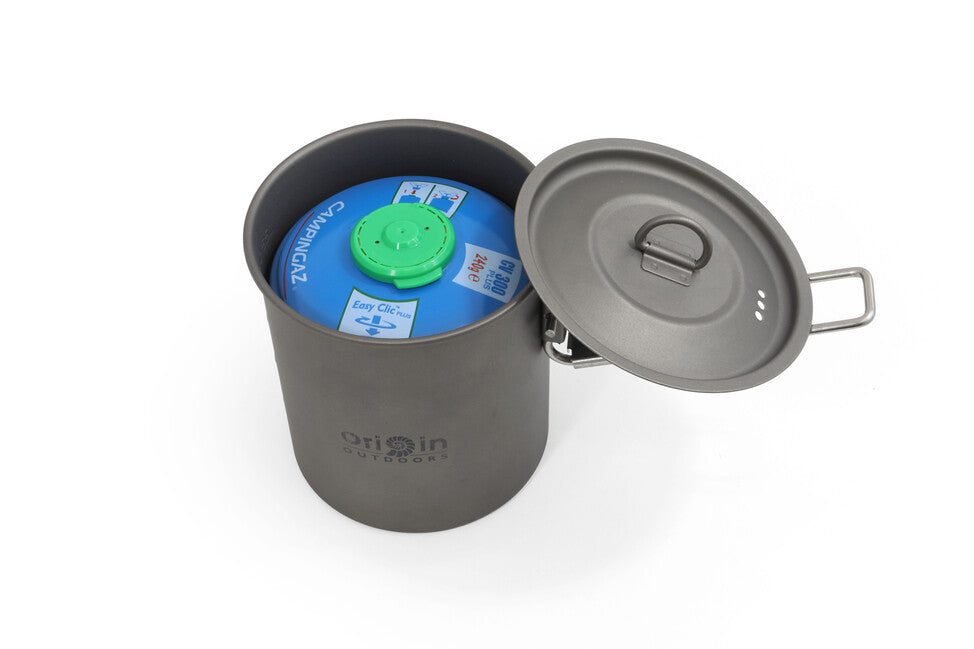 Origin Outdoors Titanium titanijski trekingski lonac/šalica s izljevom i sklopnom ručkom Camping Pot, 750 ml