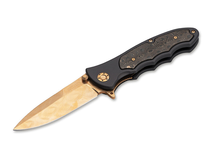 BÖKER® LEOPARD-DAMAST III nož 9,5 cm, zlatno-crni aluminij