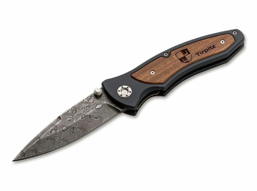 BÖKER® Tirpitz-Damascus džepni nož 9,9 cm, damast, aluminij, orah