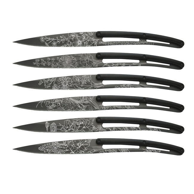 Deejo set 6 steakovih noževa nazubljena oštrica, crni titanij oštrica, crna ABS ručka, design Blossom