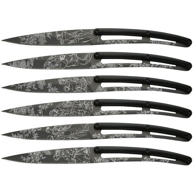 Deejo set 6 steakovih noževa Toile de Jouy oštrica crni titanij nazubljena oštrica ručka ABS design