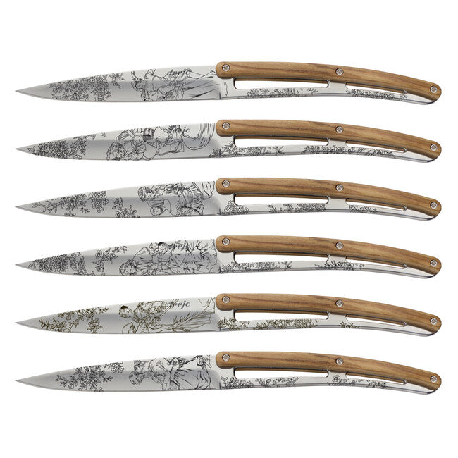 Deejo set 6 steakovih noževa Toile de Jouy sjajne oštrice maslinovo drvo design