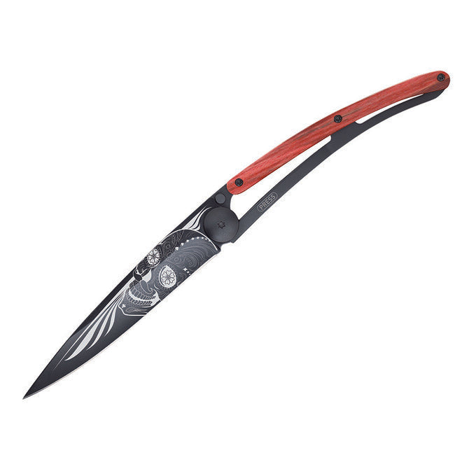 Deejo Latino sklopivi nož Black tattoo biker red beech lubanja