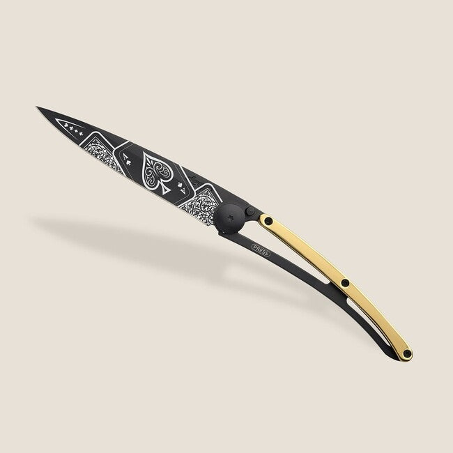 Deejo GOLD Tattoo sklopivi nož 23kt yellow, Good Luck