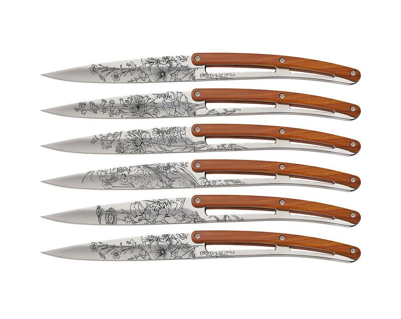 Deejo Tattoo set 6 noževa za odreske Blossom sjajne površine coralwood design