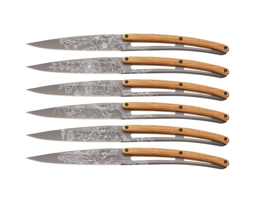 Deejo Tattoo Blossom set 6 noževa za odreske, sivi titanij, maslinovo drvo