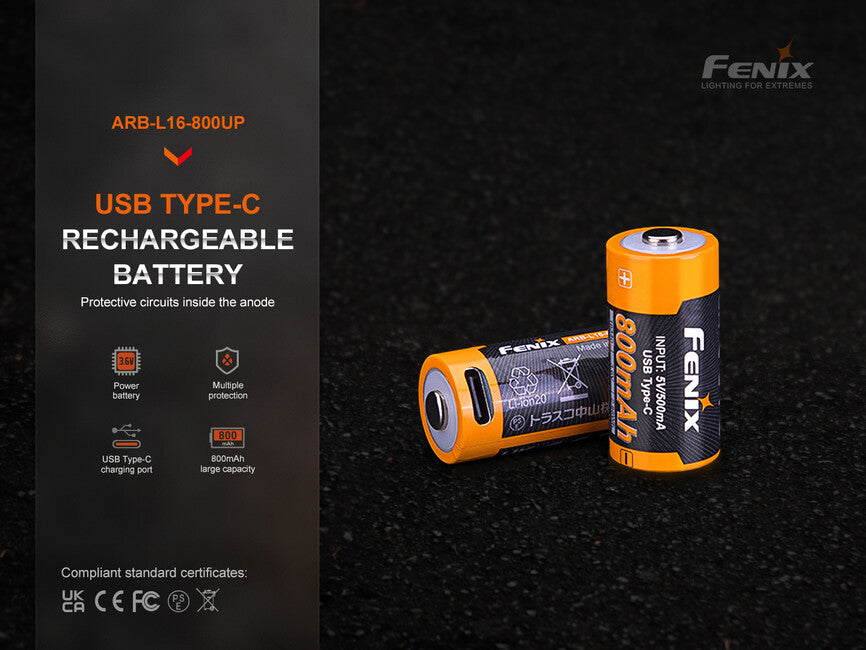 Fenix RCR123A punjiva baterija USB-C Li-ion, 800 mAh