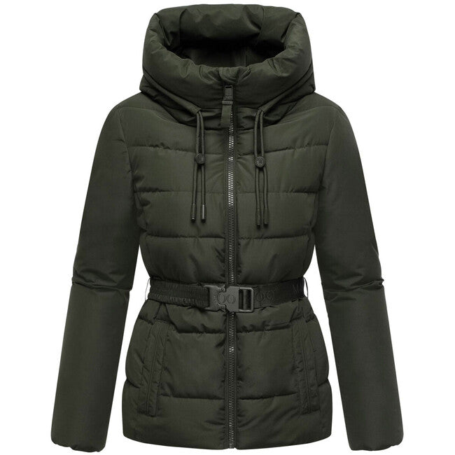 Marikoo HIMEE 16 zimska jakna ženska s visokim ovratnikom i remenom, dark olive