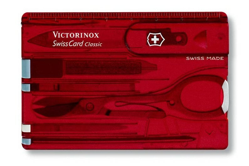 Victorinox SwissCard džepni nož Ruby, crveni prozirni, 10 funkcija, blister