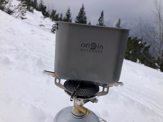 Origin Outdoors Set posuđa za kampiranje Titanov set lonaca s indikatorom razine i vješalicom od nehrđajućeg čelika 750 ml + 400 ml