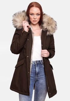 Navahoo Kristalna ženska zimska jakna s kapuljačom i krznom, tamna čokolada