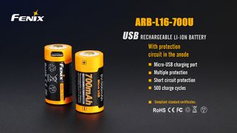 Fenix USB punjiva baterija RCR123A 700 mAh, Li-Ion