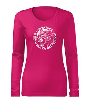 DRAGOWA Slim ženska majica dugih rukava Vuk "u boj u boj za narod svoj", roza